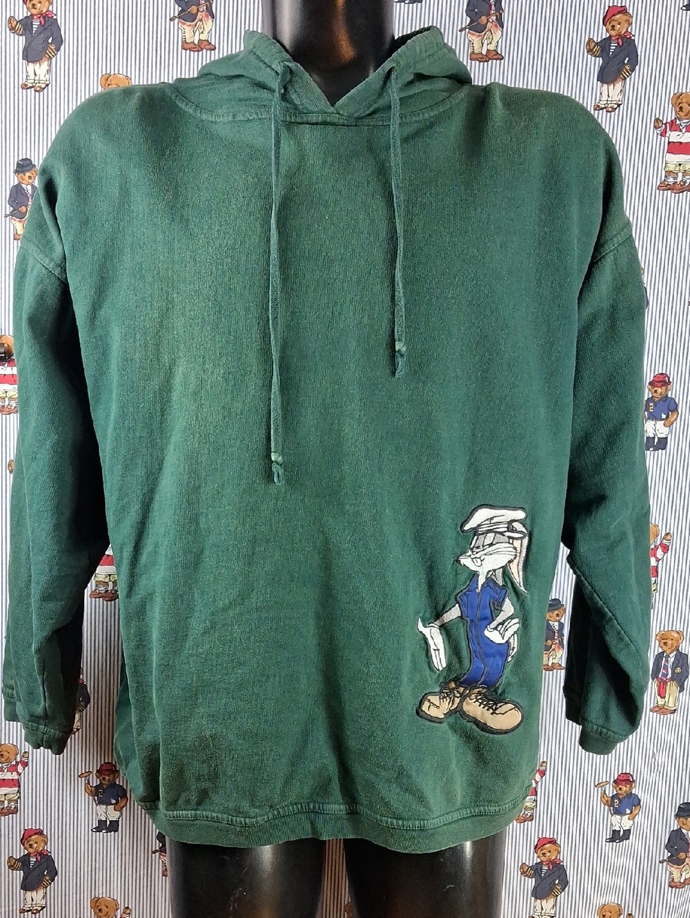 Y2k Looney Tunes Golfing Bugs Bunny Green Faded Lrg Box Cut Lightweight Hoodie